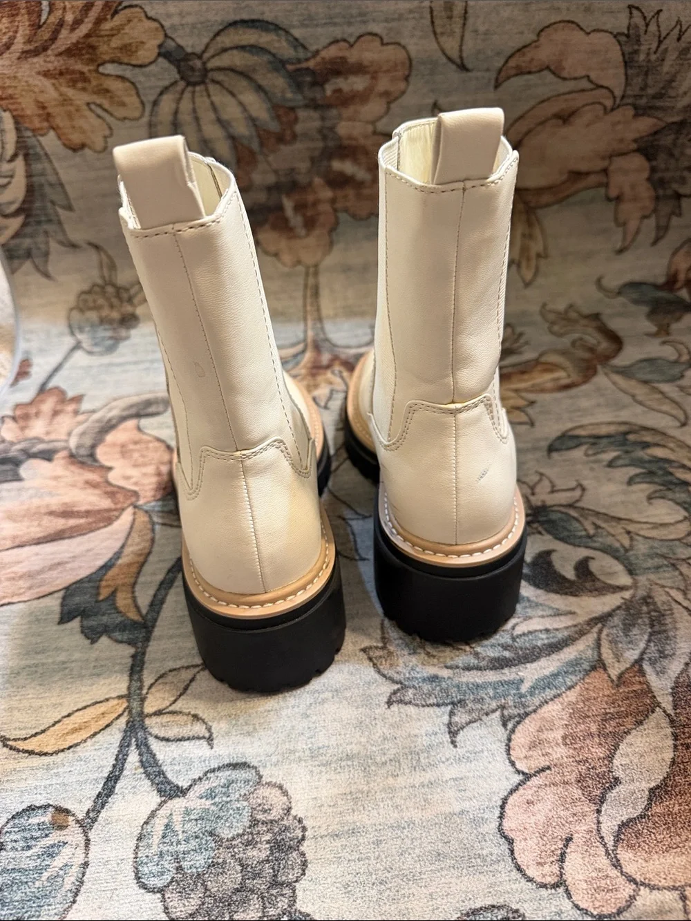 Cream Leather Chelsea Lug Boots with Contrast Sole